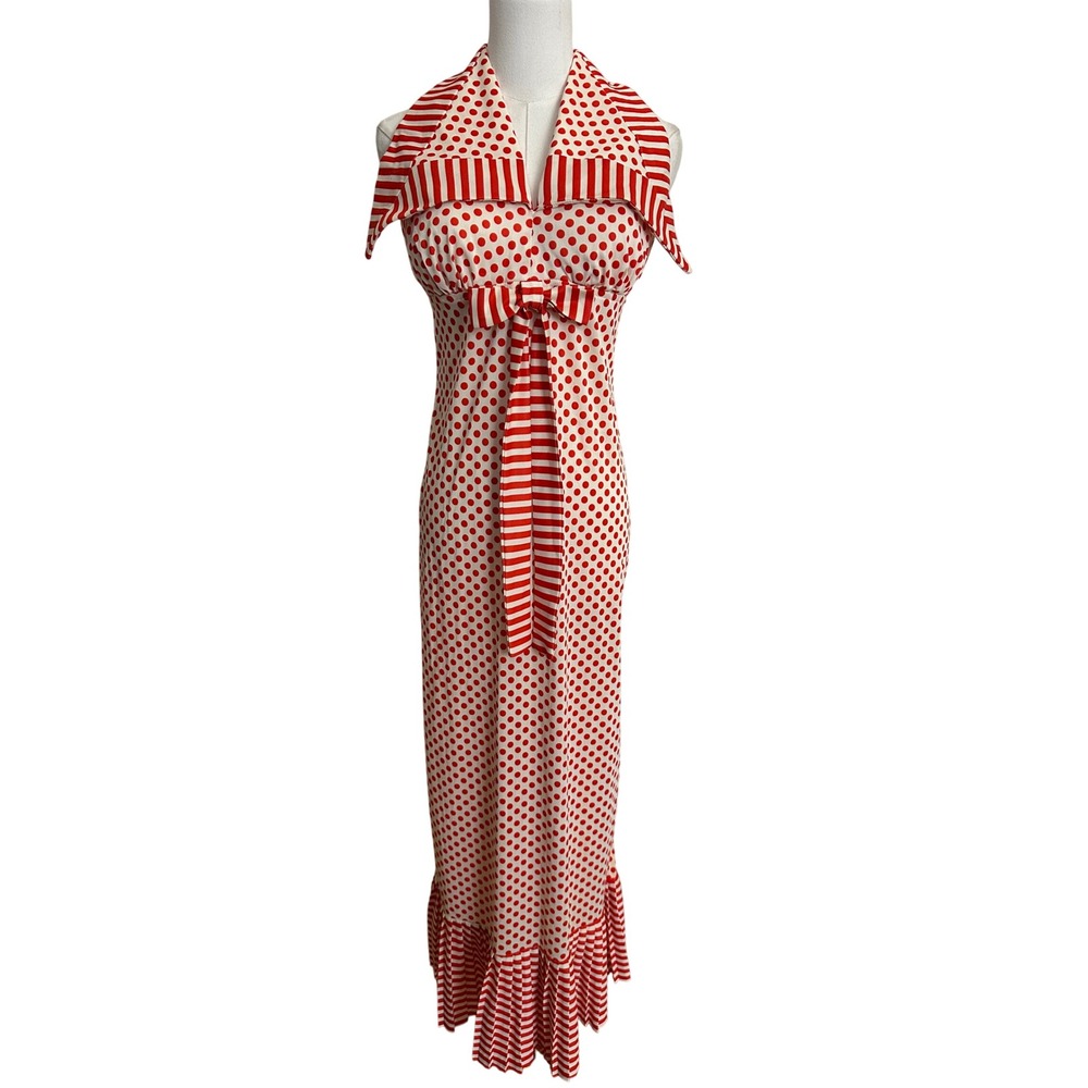 Vintage 70s Jack Hartley Red Cream Polka Dot Striped Halter Maxi Dress 9/10